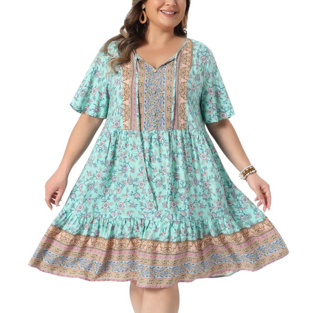 Women Plus Size Summer Boho Floral Beach Flowy Midi Dress Green